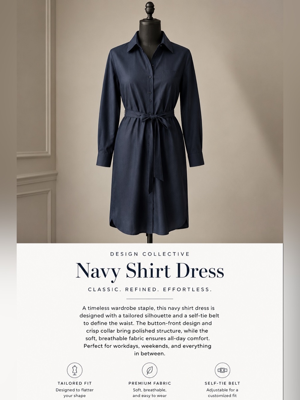 Design Collective Navy Shirt Dress XS | Button Front • Belted • Pockets